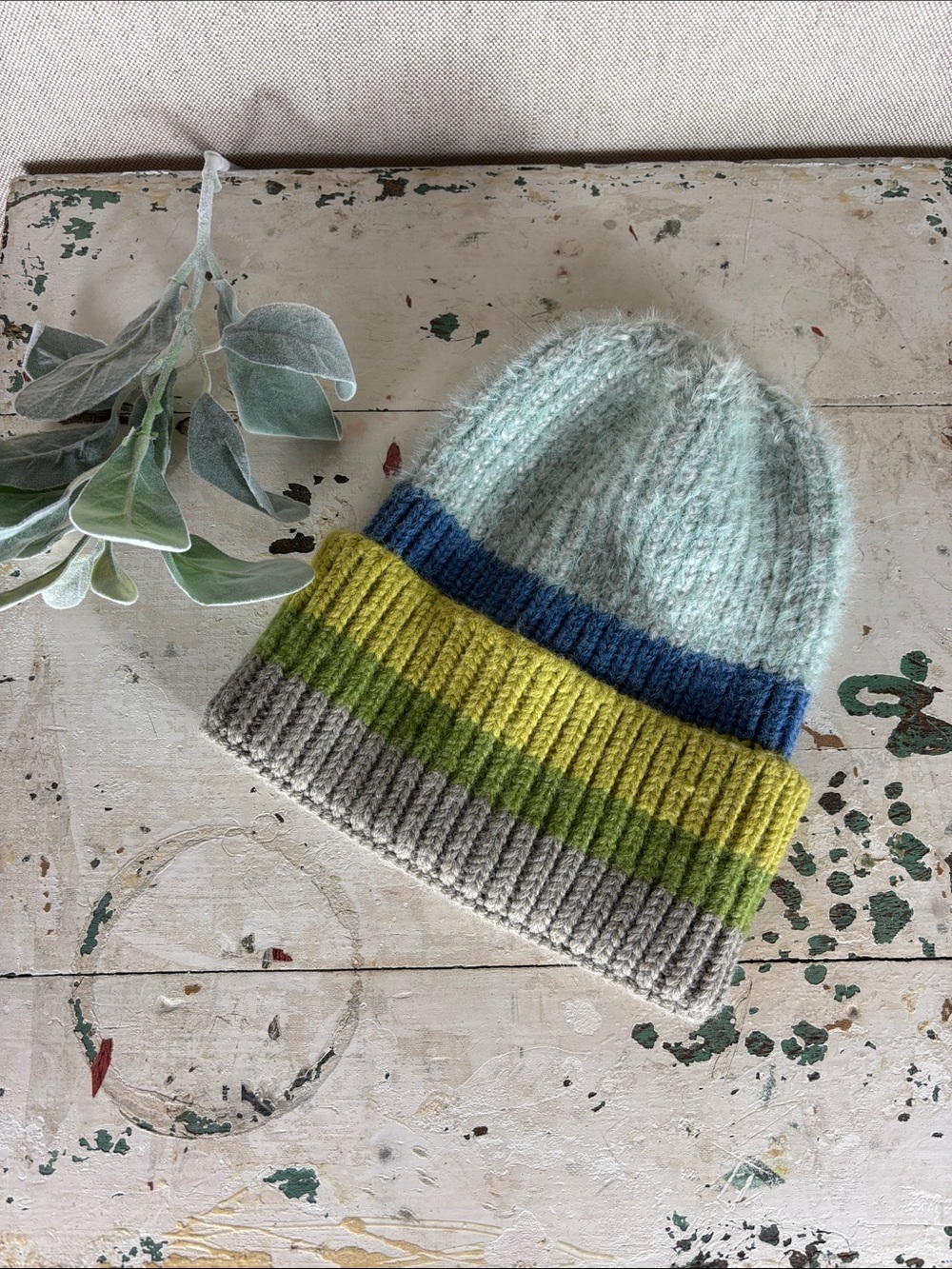 Coco + Carmen > Striped Knit Beanie Hat in Light Mint, Blue & Green